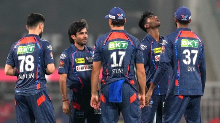 Lucknow Super Giants' Mayank Yadav celebrates with teammates after taking the wicket of Punjab Kings' Jitesh Sharma during the Indian Premier League (IPL) 2024 T20 cricket match between Lucknow Super Giants and Punjab Kings, at the Bharat Ratna Shri Atal Bihari Vajpayee Ekana Stadium, in Lucknow, Saturday, March 30, 2024. (PTI Photo)