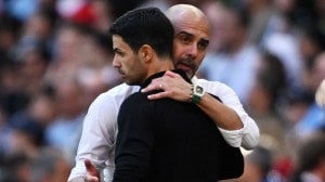 Manchester City manager Pep Guardiola with Arsenal manager Mikel Arteta at full time REUTERS
