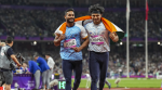 Neeraj Chopra and Kishore Kumar Jena celebrate after securing gold and silver medal respectively in the Men's Javelin Throw Final event at the 19th Asian Games held in Hangzhou, China in October 2023. (PTI file)