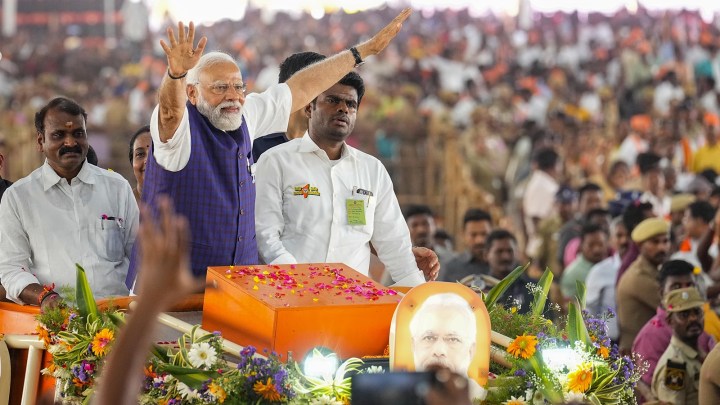 PM Narendra Modi with Union MoS L Murugan (left) and BJP state chief K Annamalai in Tamil Nadu’s Salem on Tuesday. (PTI)