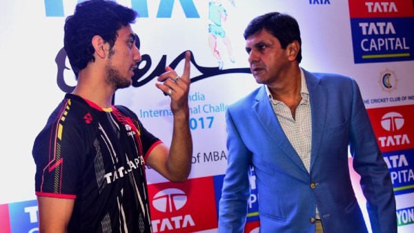 Prakash Padukone and Lakshya Sen at the Tata Open India International challenge at CCI, Mumbai in 2017. Express Photo by Kevin D'Souza.