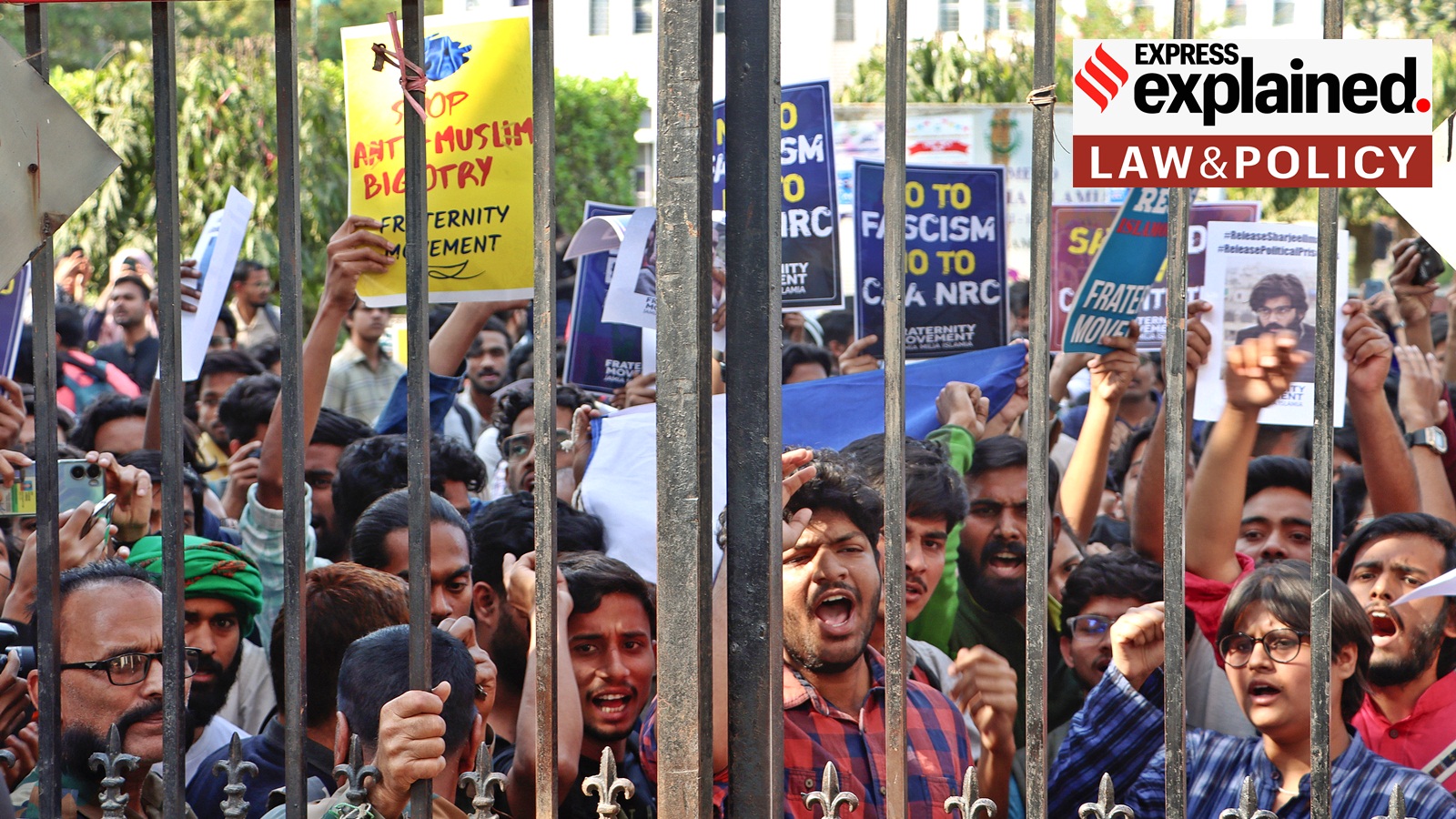 Students of Jamia Millia Islamia university stage a protest after the central government notified the rules for implementation of the Citizenship (Amendment) Act or CAA, 2019, in New Delhi, Tuesday, March 12, 2024.