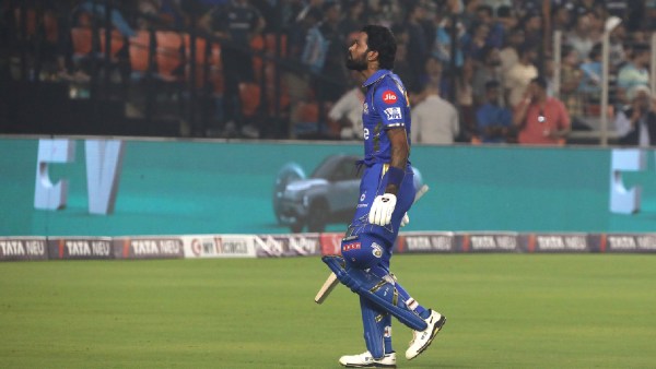 Mumbai Indians captain Hardik Pandya walks back after getting out against Gujarat Titans at the Narendra Modi Cricket Stadium in Ahmedabad. (Express photo by Nirmal Harindran)