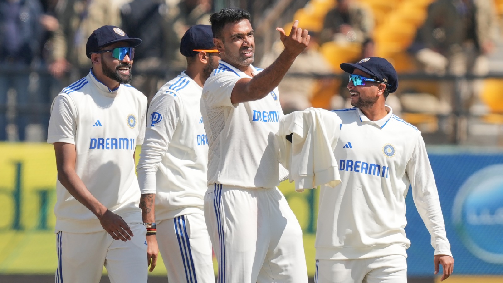 India's R Ashwin with teammates celebrates the wicket of England's Ben Stokes during the 3rd day of the fifth Test cricket match between India and England, in Dharamsala. (PTI)