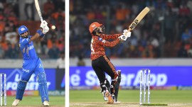 Mumbai Indians batter Hardik Pandya (LEFT) and Sunrisers Hyderabad batter Abhishek Sharma in action in the SRH vs MI IPL 2024 run-fest at the Rajiv Gandhi International Cricket Stadium, Uppal, in Hyderabad. (PHOTOS: PTI)