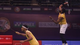 Satwiksairaj Rankireddy and Chirag Shetty won against Aaron Chia and Soh Wooi Yik of Malaysia in the semifinals at India Open 2024 at IG Stadium, New Delhi on Saturday. Express photo by Praveen Khanna