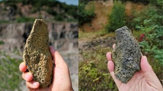 Two images of notched stone tools made of local volcanic raw material, glassy dacite at the Korolevo I site in western Ukraine, Korolevo, Ukraine, August 23, 2023. (Handout images via AP, Reuters)