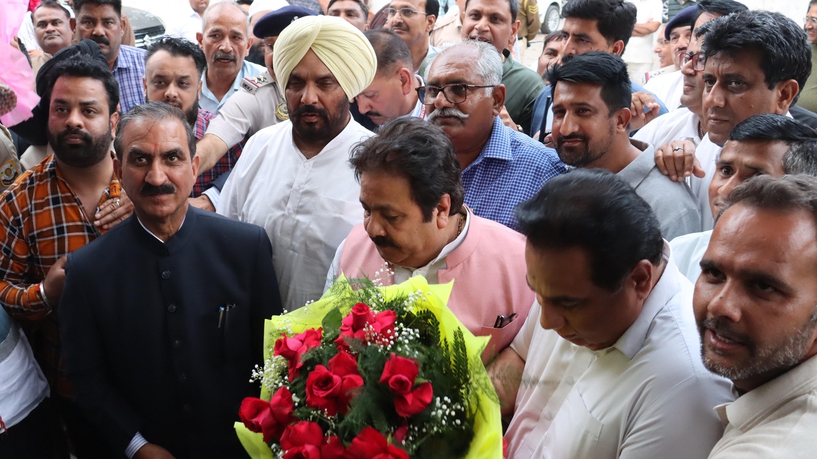 Himachal Pradesh Chief Minister Sukhvinder Singh Sukhu with Congress leader Rajeev Shukla in Chandigarh on Wednesday.