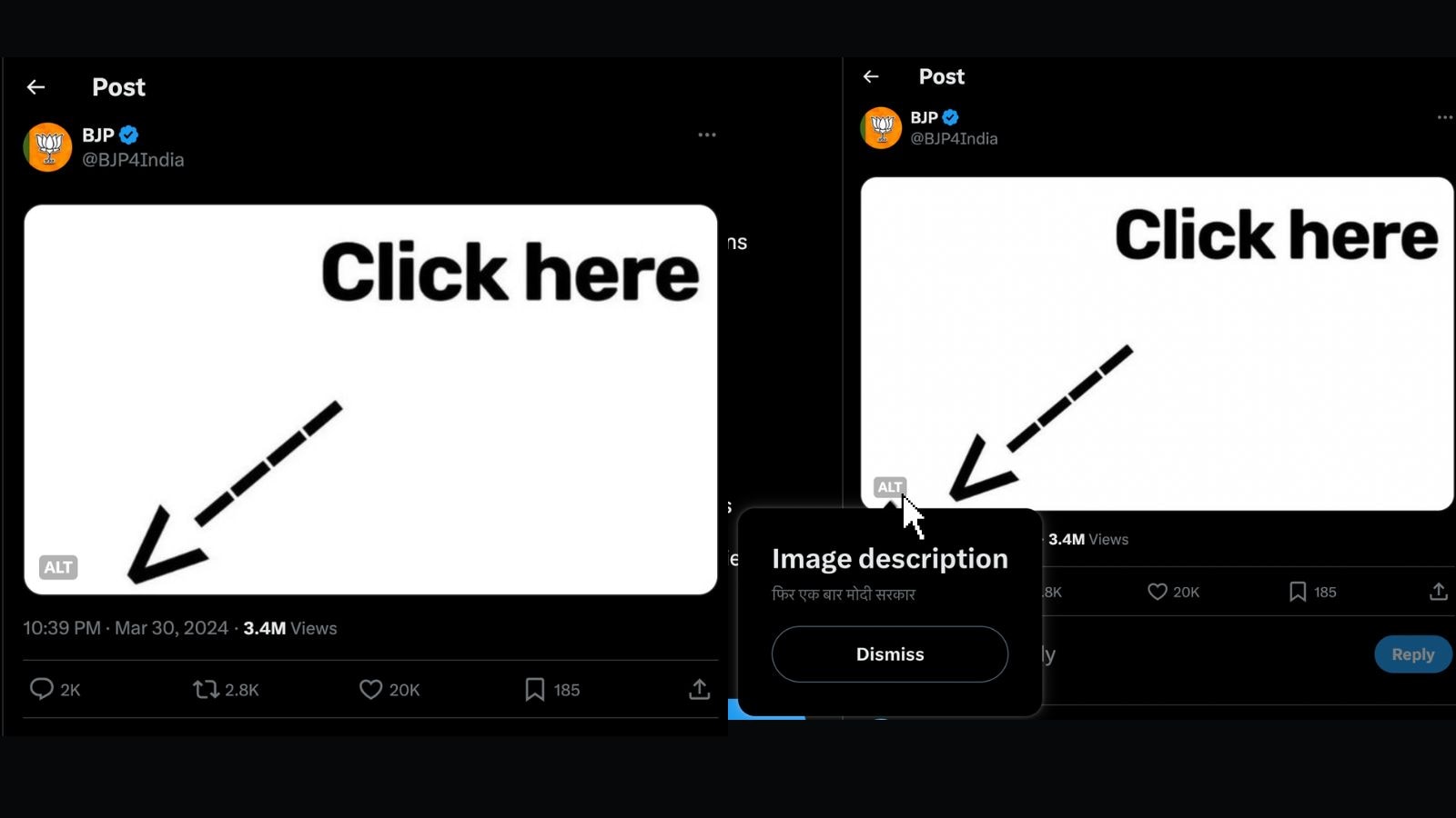 Screenshows showing the BJP's post on X and how clicking the ALT box shows the ALT text. 