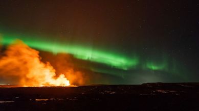 Volcano erupts in Iceland in backdrop of Northern Lights