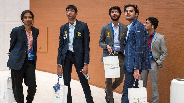 India's Vaishali Rameshbabu (extreme left), Praggnanandhaa (second from left) and Gukesh D (centre) will be competing at the Candidates this year. Arjun Erigaisi will miss out. (PHOTO: FIDE/Lennart Ootes)