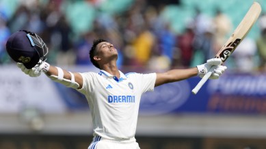 India's Yashasvi Jaiswal celebrates his double century on the fourth day of the third cricket test match between England and India in Rajkot, India, Sunday, Feb. 18, 2024. (AP Photo)