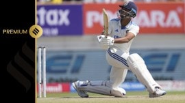 India's Yashasvi Jaiswal plays a shot on the fourth day of the third cricket test match between England and India in Rajkot, India, Sunday, Feb. 18, 2024. (AP Photo)