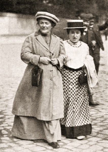 Socialist women leaders Clara Zetkin (left) and Rosa Luxemburg (right) in January 1910. 