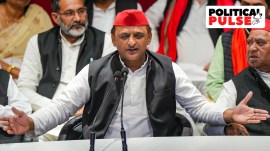 Samajwadi Party President Akhilesh Yadav addresses a press conference, at the party office in Lucknow, Monday, March 4, 2024. (PTI Photo)