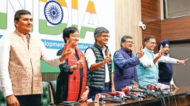 AAP and Congress leaders during the annoucement of their alliance in February. Archive