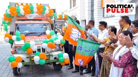 Leaders of Bharatiya Janata Party (BJP) from Assam flag off the BJP election campaign vehicle ahead of Lok Sabha elections. (PTI)