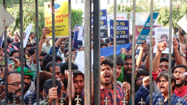 Students of Jamia Millia Islamia university stage a protest after the central government notified the rules for implementation of the Citizenship (Amendment) Act, 2019, in New Delhi, March 12, 2024. (PTI)