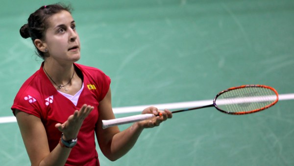 Carolina Marin of Spain reacts after lost the semi final match to Ratchanok Intanon of Thailand during the India Open 2015 in New Delhi