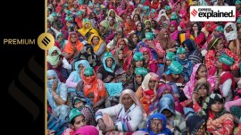 Women from Dadri Village, Noida protest outside NTPC office against the land acquisition conditions, in Noida on Monday, December 18, 2023.