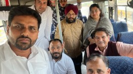 The Delhi Police detained Chandigarh Mayor Kuldeep Kumar Tita (left, seated) along with other AAP councillors near Patel Chowk in the National Capital on Tuesday noon. (Express Photo)