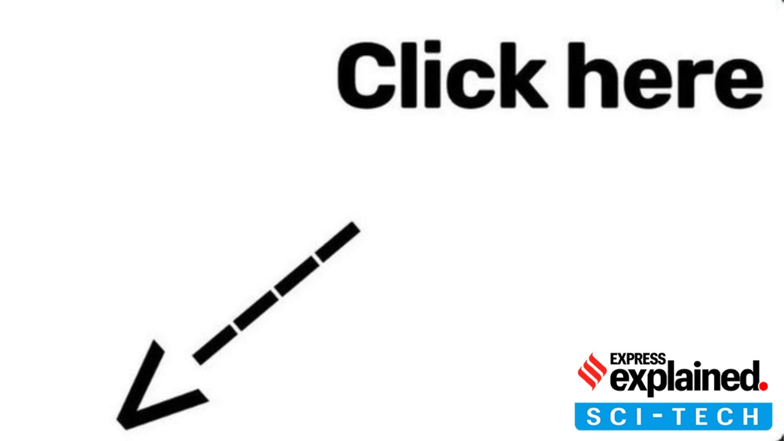 A photo with a white background and black text saying “Click here” with an arrow pointing to the bottom left of the photo.