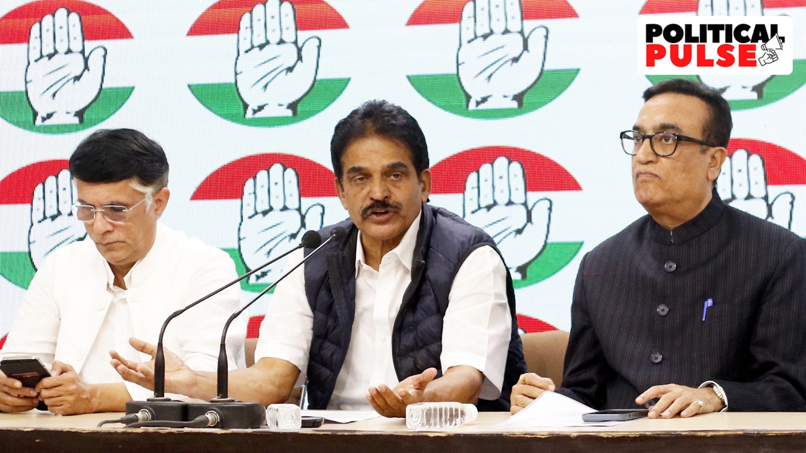 Congress leaders K C Venugopal, Ajay Maken, and Pawan Khera address a press conference at AICC Headquarters, announcing the first list of 39 candidates from the party for the upcoming Lok Sabha elections