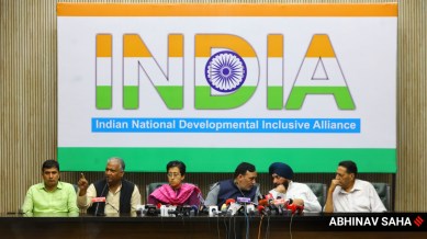 Leaders from INDIA Alliance addressing a press conference at Constitution Club in New Delhi on Sunday, March 24, 2024. (Express Photo by Abhinav Saha)