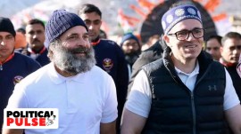 Congress leader Rahul Gandhi and former chief minister of Jammu and Kashmir Omar Abdullah during the Bharat Jodo Yatry in Banihal in 2023. (Express Photo by Shuaib Masoodi)