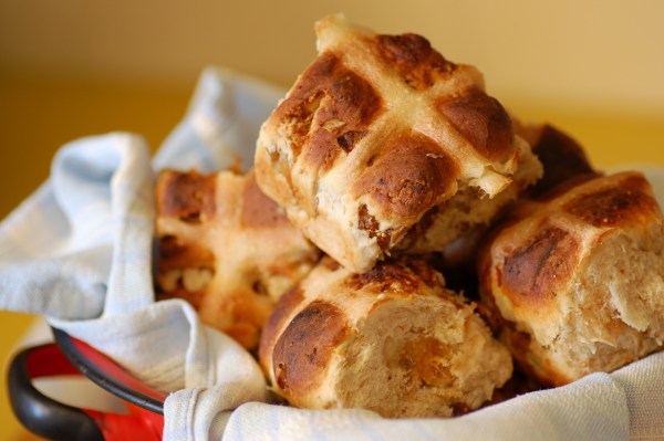 Hot cross buns made with figs and pecan.