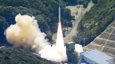 Japan's Space One's small, solid-fueled Kairos rocket lifts off before it explodes, shortly after the launch at Space One's launching pad on the tip of Kii peninsula in Kushimoto town, Wakayama prefecture, Japan March 13, 2024, in this photo taken by Kyodo. Mandatory credit Kyodo via REUTERS ATTENTION EDITORS - THIS IMAGE WAS PROVIDED BY A THIRD PARTY. MANDATORY CREDIT. JAPAN OUT. NO COMMERCIAL OR EDITORIAL SALES IN JAPAN