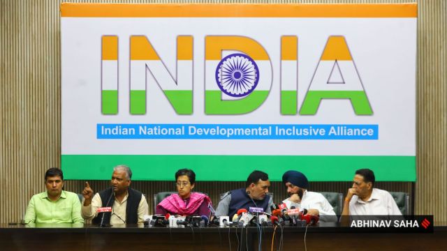 Leaders from INDIA Alliance addressing a press conference at Constitution Club in New Delhi on Sunday