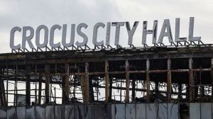 A view shows the burnt-out Crocus City Hall following a deadly attack on the concert venue outside Moscow.