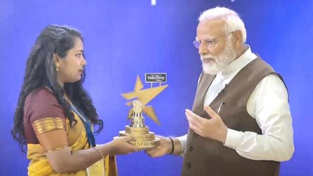 Prime Minister Narendra Modi presents Creators Award during the National Creators Awards 2024, at Bharat Mandapam in New Delhi, March 8. 2024. (PTI)
