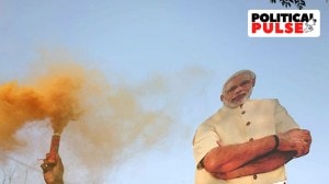 A poster of Prime Minister Narendra Modi at a rally. (Express photo)