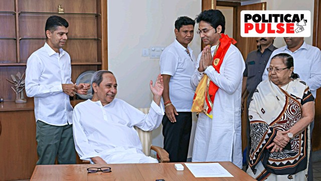 Arabinda Mohapatra with CM Naveen Patnaik and party leader V K Pandian after his induction into the BJD, Thursday