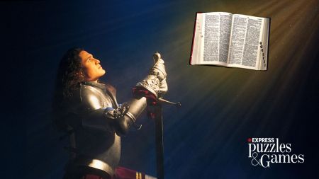 knight kneeling in front of a book, shows power of pen over sword