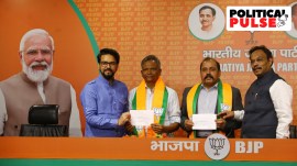 Former IAF chief Rakesh Kumar Singh Bhadauria (second from right) joined BJP on Tuesday, in the presence of Union Minister Anurag Thakur and party national secretary Vinod Tawde. (Express photo by Abhinav Saha)