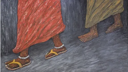 The artist draws the complexities of our contemporary society highlighting women and children and their plight. For example, the work 'Slipper and Silver' is inspired from the latest event in Tamil Nadu, where 60 dalits walked 'Kambala Naicken Street' wearing footwear for the first time.