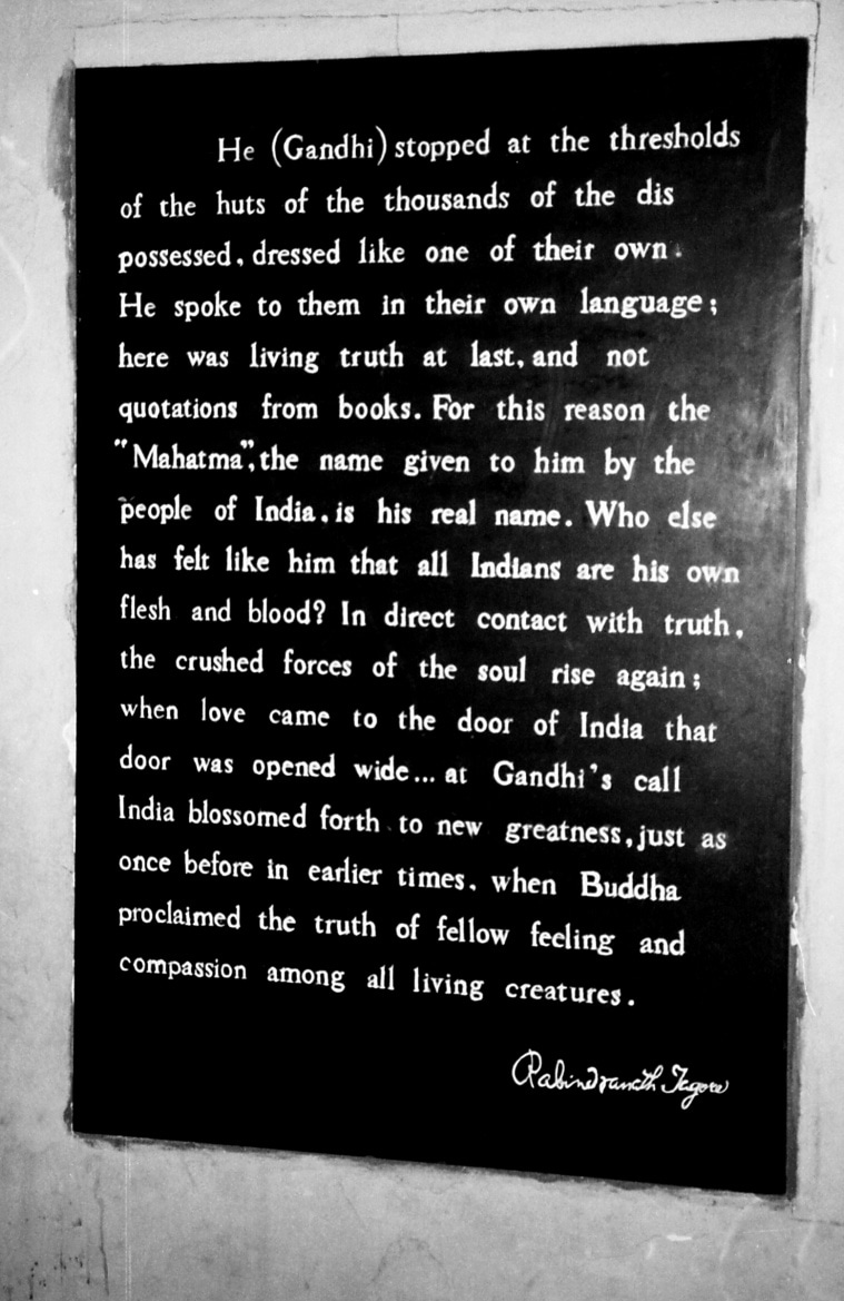 Rabindranath Tagore said on Mahatma Gandhi that "He stopped at the thresholds of the huts of the thousands of the dispossessed, dressed like one of their own. He spoke to them in their own language; here was living truth at last, and not quotations from books. For this reason the "Mahatma", the name given to him by the people of India is his real name. Who else has felt like him that all Indians are his own flesh and blood? In direct contact with truth, the crushed forces of the soul rise again: when love came to the door of India that door was opened wide... at Gandhi's call India blossomed forth to new greatness, just as once before in earlier times, when Buddha proclaimed the truth of fellow feeling and compassion among all living creatures."