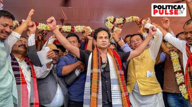 TIPRA founder Pradyot Kishore Manikya Debbarma with supporters after a tripartite pact was signed among the Tipra Motha, the Tripura government and the Centre in presence of Union Home Minister Amit Shah on Saturday, in West Tripura district on Sunday.