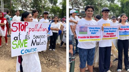 Residents, including senior citizens and students of Blue Ridge Public School, participated in the agitation to demand concrete measures to revive the Mula river.