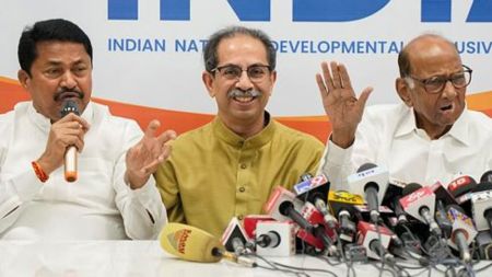 Shiv Sena (UBT) chief Uddhav Thackeray, Maharashtra Congress President Nana Patole and NCP (SP) chief Sharad Pawar during a Maha Vikas Aghadi (MVA) press conference, in Mumbai