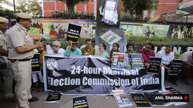 TMC leaders sat on a dharna outside the poll panel’s headquarters, from where they were removed by the Delhi Police.