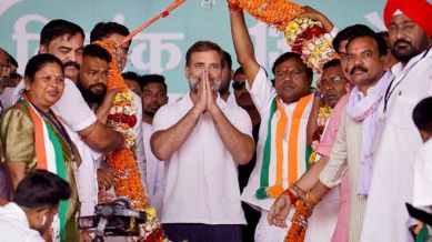 Congress leader Rahul Gandhi during a public meeting ahead of Lok Sabha elections, in Bastar district