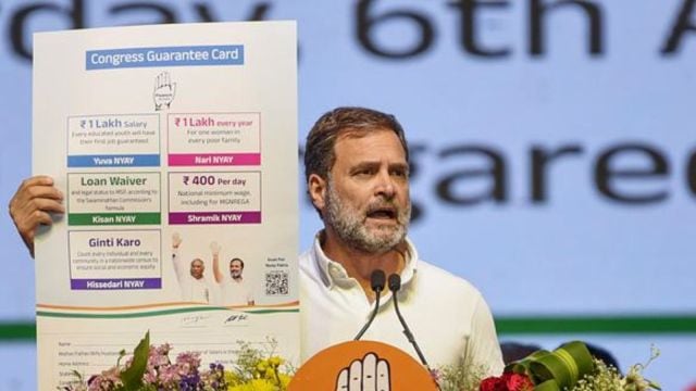 Congress leader Rahul Gandhi addresses the gathering during the release of the party’s manifesto ‘Nyay Patra’ at a public meeting (Jana Jatara), ahead of the upcoming Lok Sabha election