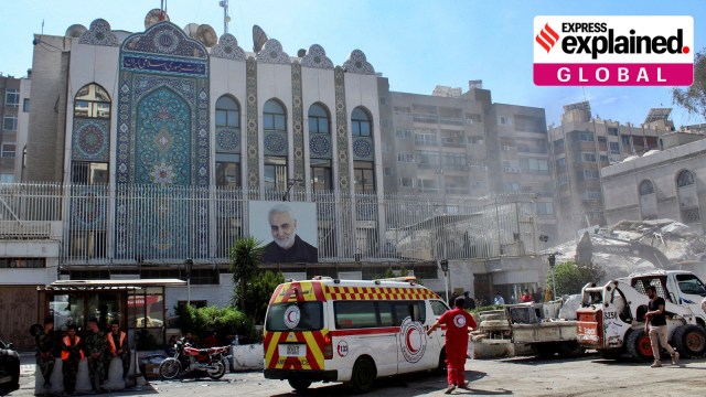 An ambulance is parked outside the Iranian embassy after a suspected Israeli strike on Iran's consulate, adjacent to the main Iranian embassy building, which Iran said killed key figures in the Quds Force, in the Syrian capital Damascus, Syria April 2, 2024.