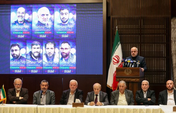 Iran's ambassador to Lebanon Mojtaba Amani speaks during an event to commemorate the people who were killed in a suspected Israeli airstrike on the Iranian embassy complex in Syria's capital Damascus on Monday, at the Iranian embassy in Beirut, Lebanon April 3, 2024. 