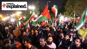 Iranian demonstrators attend an anti-Israeli gathering in front of the British Embassy in Tehran, Iran, April 14, 2024.