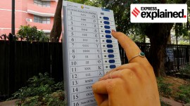 A model of Electronic Voting Machine (EVM) is displayed outside the office of the Election Commission of India, ahead of the country's general election, in New Delhi, India, April 15, 2024. REUTERS/Priyanshu Singh